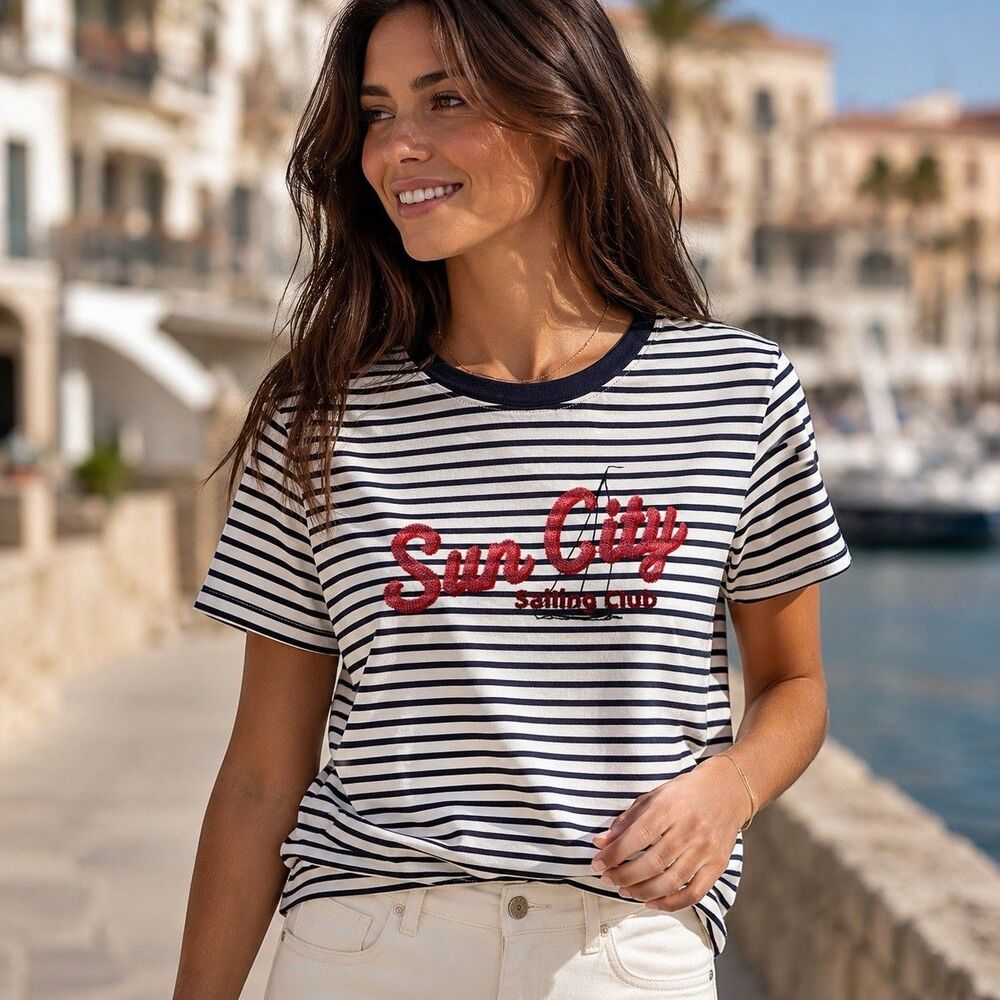 J Crew Coastal‎ T Shirt Sun City Sailing Club Striped Black White Nautical